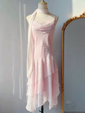 Niulatu A Line Spaghetti Straps Pink Chiffon Prom Dress With Ruffles HZ1110
