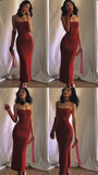 Niulatu Sheath Spaghetti Straps Long Red Prom Dresses With Slit HZ1110