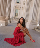 Niulatu Sheath Spaghetti Straps Red Ruffles Chiffon Slit Prom Dresses HZ1110