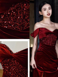 Niulatu Mermaid Burgundy Off The Shoulder Long Prom Dresses Satin Birthday Outfits HZ1110