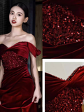 Niulatu Mermaid Burgundy Off The Shoulder Long Prom Dresses Satin Birthday Outfits HZ1110