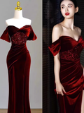 Niulatu Mermaid Burgundy Off The Shoulder Long Prom Dresses Satin Birthday Outfits HZ1110