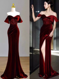 Niulatu Mermaid Burgundy Off The Shoulder Long Prom Dresses Satin Birthday Outfits HZ1110