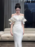 Niulatu Mermaid Strapless White Long Prom Dresses HZ1110