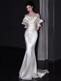 Niulatu Mermaid Strapless White Long Prom Dresses HZ1110