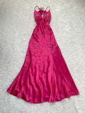 Niulatu Sheath Spaghetti Straps Sleeveless Hot Pink Satin Backless Prom Dresses Evening Gowns HZ1110