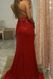 Niulatu Long V-Neck Sleeveless Backless Sequined Mermaid Prom Dresses with Split HZ1110