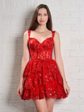 Niulatu Lace Sequin Homecoming Dress Off The Shoulder Hoco Dress Red Ruffle Graduation Dresses HZ1110