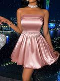 Niulatu Satin Strapless Pleated Homecoming Dresses Party Dress HZ1110
