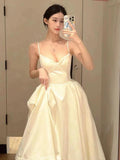 Niulatu Ball Gown Spaghetti Straps White Satin Ankle Length Prom Dresses Evening Gowns HZ1110