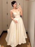 Niulatu Ball Gown Spaghetti Straps White Satin Ankle Length Prom Dresses Evening Gowns HZ1110