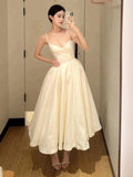 Niulatu Ball Gown Spaghetti Straps White Satin Ankle Length Prom Dresses Evening Gowns HZ1110