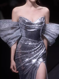 Niulatu Mermaid Strapless Sequin Silver Slit Prom Dresses Long Birthday Outfits HZ1110