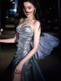 Niulatu Mermaid Strapless Sequin Silver Slit Prom Dresses Long Birthday Outfits HZ1110