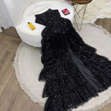 Niulatu Ball Gown Strapless Black Sequin Floor Length Slit Prom Dresses Evening Gowns HZ1110