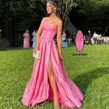 Niulatu Ball Gown Strapless Pink Floor Length Satin Slit Prom Dresses Prom Gowns HZ1110