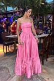 Niulatu Ball Gown Strapless Pink Floor Length Satin Slit Prom Dresses Prom Gowns HZ1110