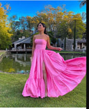 Niulatu A line Pink Strapless Long Prom Dress With Slit HZ1110