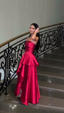 Niulatu A line Strapless Ruffles Floor Length Satin Prom Dresses Prom Gowns HZ1110