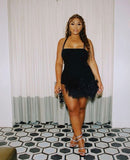 Niulatu Sheath Halter Black Satin Homecoming Dresses Short Hoco Dress With Feather HZ1110