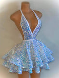 Niulatu Ball Gown Halter White Sequin Homecoming Dresses Short Hoco Dress With Backless HZ1110