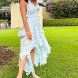 Niulatu High Low Halter Light Sky Blue Satin Prom Dresses With Flowers Backless Prom Gowns HZ1110