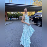 Niulatu High Low Halter Light Sky Blue Satin Prom Dresses With Flowers Backless Prom Gowns HZ1110