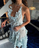 Niulatu High Low Halter Light Sky Blue Satin Prom Dresses With Flowers Backless Prom Gowns HZ1110