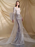 Niulatu Mermaid Scoop Neckline Silver Sequin Prom Dresses Long Birthday Outfits HZ1110