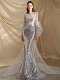 Niulatu Mermaid Scoop Neckline Silver Sequin Prom Dresses Long Birthday Outfits HZ1110