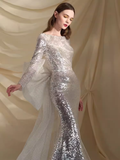 Niulatu Mermaid Scoop Neckline Silver Sequin Prom Dresses Long Birthday Outfits HZ1110