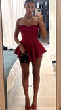 Niulatu A Line Strapless Burgundy Sleeveless Satin Homecoming Dresses Short Cocktail Dress HZ1110