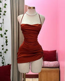 Niulatu Sheath Halter Burgundy Satin Homecoming Dresses Short Cocktail Dress With Ruffles HZ1110
