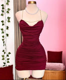 Niulatu Sheath Spaghetti Straps Burgundy Homecoming Dresses Short Cocktail Dress With Ruffles HZ1110