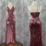 Niulatu Sheath Spaghetti Straps Sequin Long Prom Dresses Glitter Slit Evening Dress HZ1110