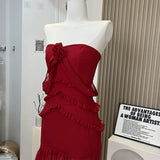 Niulatu High Low Strapless Chiffon Long Prom Dresses Burgundy Evening Dress HZ1110