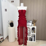 Niulatu High Low Strapless Chiffon Long Prom Dresses Burgundy Evening Dress HZ1110