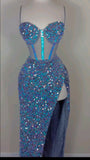 Niulatu Sheath Spaghetti Straps Blue Long Sequin Long Slit Prom Dress HZ1110