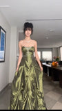 Niulatu Ball Gown Strapless Green Satin Long Prom Dresses With Silver Beads HZ1110