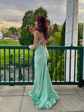 Niulatu Mermaid Straps Backless Mint Green Long Prom Dresses HZ1110