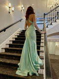 Niulatu Mermaid Straps Backless Mint Green Long Prom Dresses HZ1110