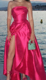 Niulatu A line Strapless Hot Pink Slit Satin Long Prom Dresses HZ1110