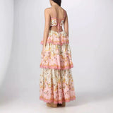 Niulatu A line Spaghetti Straps Pink Floral Ruffles Backless Long Prom Dresses Evening Dress HZ1110