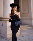 Niulatu Sheath Spaghetti Straps Black Long Prom Dresses With Gloves Evening Dress HZ1110