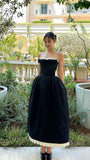 Niulatu Ball Gown Strapless Black Satin Ankle Length Prom Dresses With Ruffles Evening Dress HZ1110