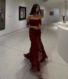 Niulatu Sheath Strapless Red Chiffon Floor Length Prom Dresses Evening Dress HZ1110