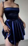 Niulatu A Line Spaghetti Straps Navy Blue Birthday Outfits Satin Homecoming Dresses HZ1110