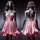 Niulatu A Line Halter Pink Short Birthday Outfits Satin Homecoming Dresses HZ1110