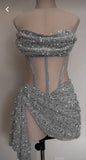 Niulatu Sheath Strapless Gray Sequin Short Birthday Outfits Homecoming Dresses HZ1110