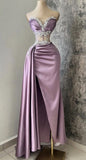 Niulatu Sheath Strapless Lilac Satin Slit Floor Length Prom Dresses Evening Dress HZ1110